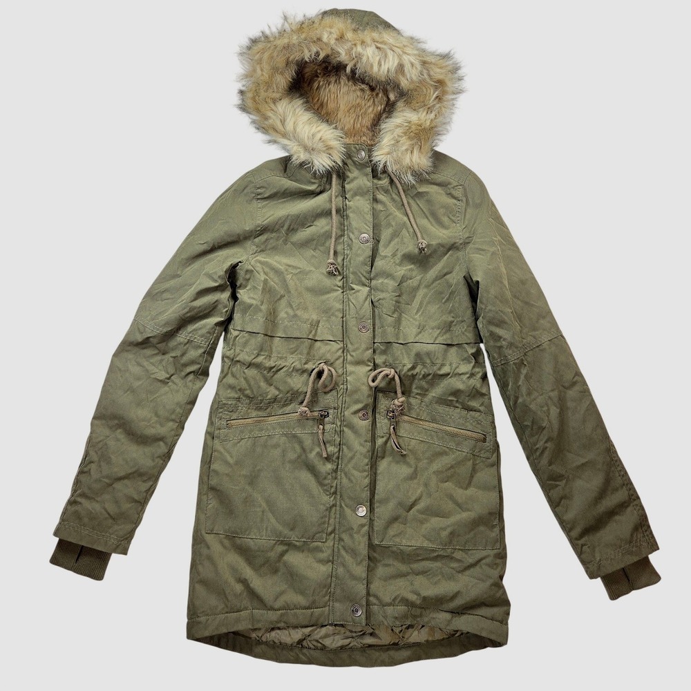 Aeropostale Green Faux Fur Lined Hooded Chore Barn Field Jacket Coat Women Sz S